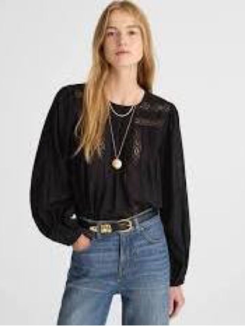 Madewell Black Lace Inset Long-Sleeve pintucked Blouse Size Medium